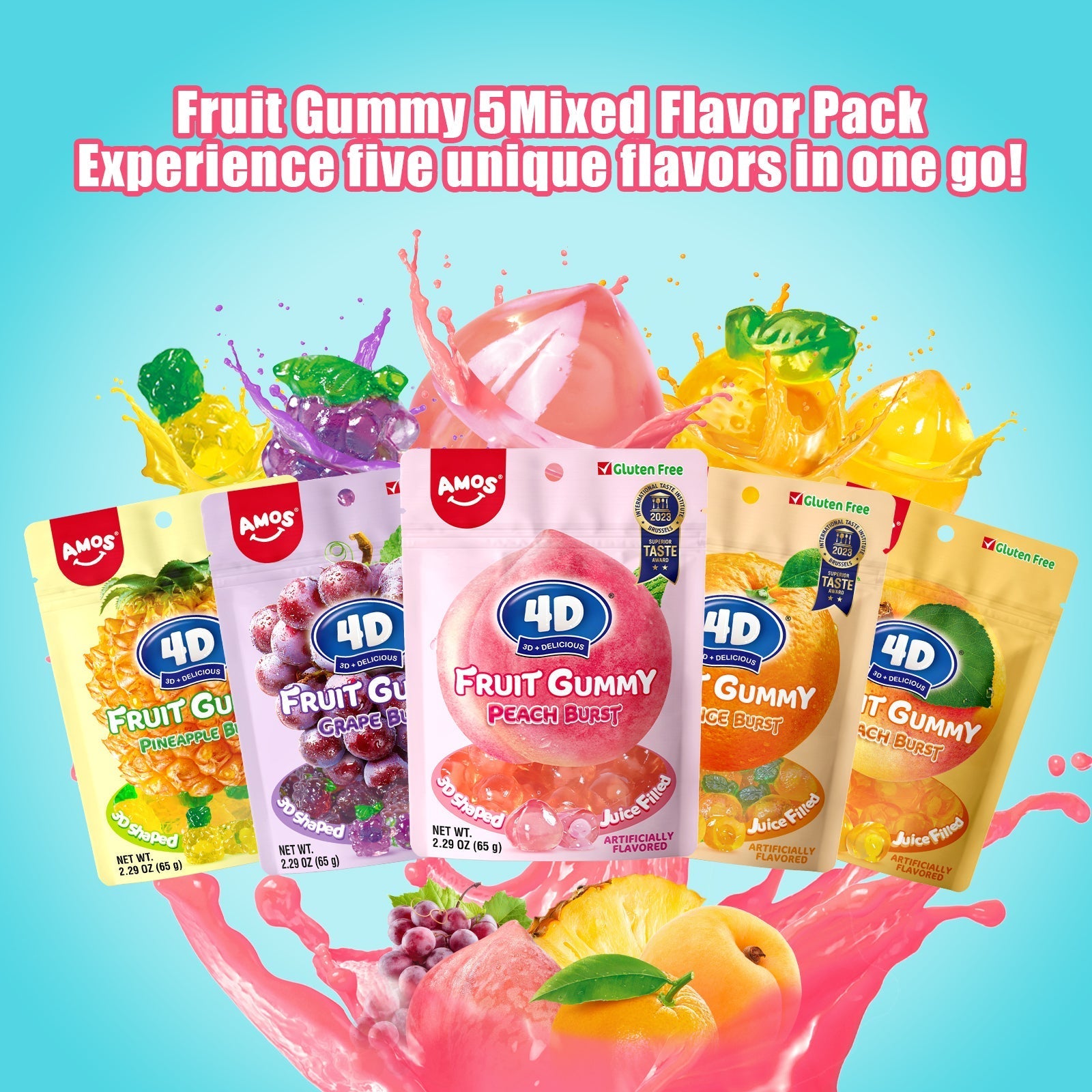 4D Fruit Gummy - Burst Juice Filled（Mix Flavor-5 bags）- 65g/bag