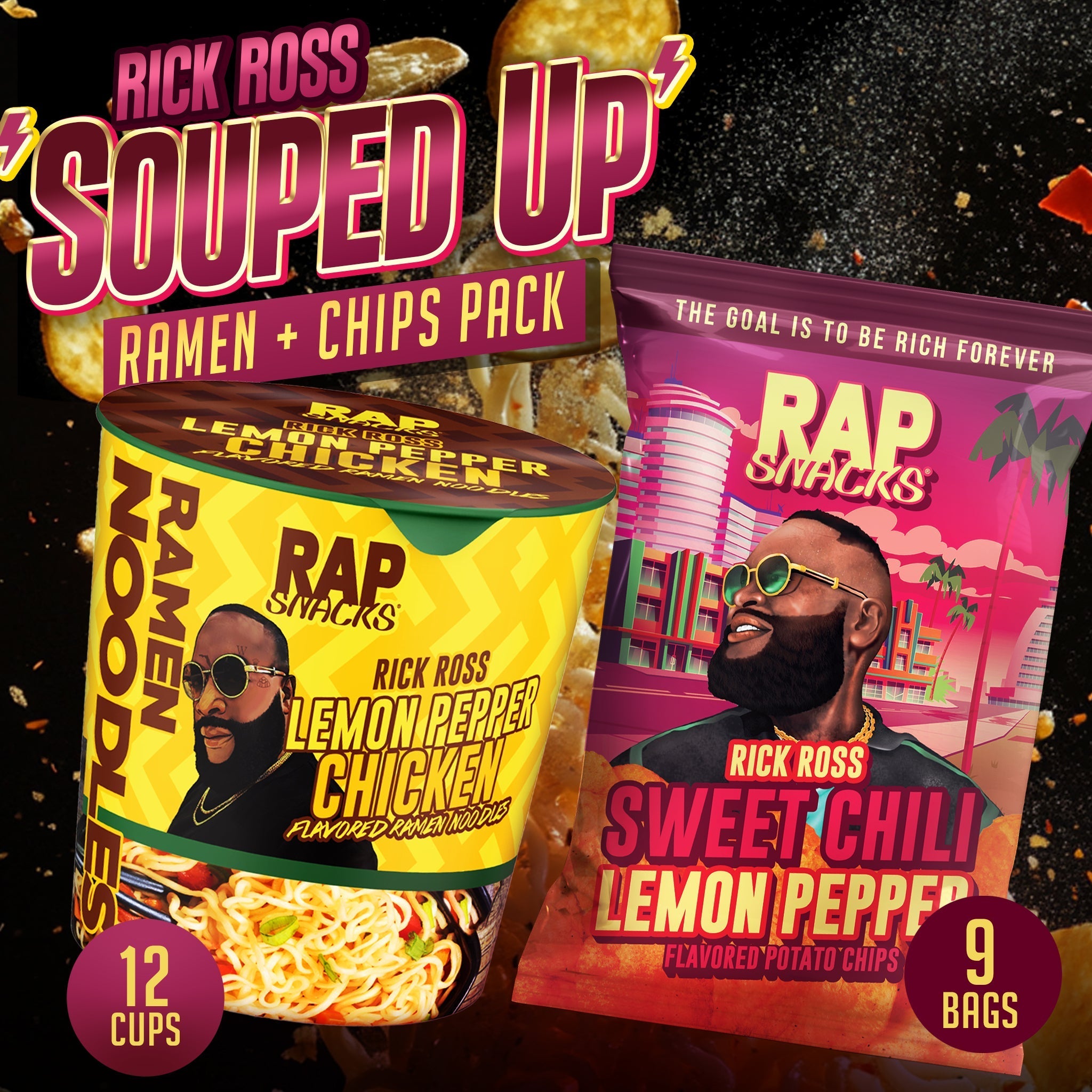 Rick Ross Sweet Chili Lemon Pepper Pack – 9 Bags of Chips & 12 Cups of Lemon Pepper Chicken Ramen Noodles
